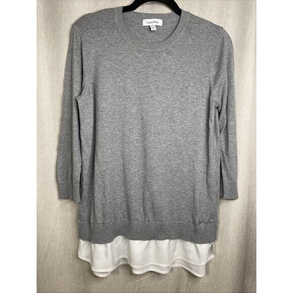 Calvin Klein Gray Top - 3/4 Sleeves - White Layered Hem - Women’s Size Medium - Picture 1 of 5